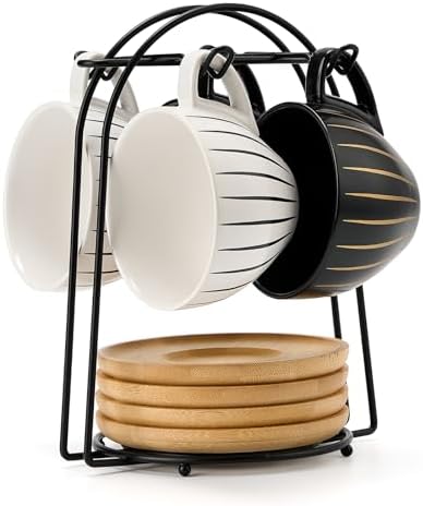 LUKA Ceramic Demitasse Espresso Cups Set with Saucers and Metal Stand, 8 oz Porcelain Cappuccino Cups Teacup For Tea, Espresso, Latte, Coffee, Cafe Mocha, Set of 4, Stripe White & Black