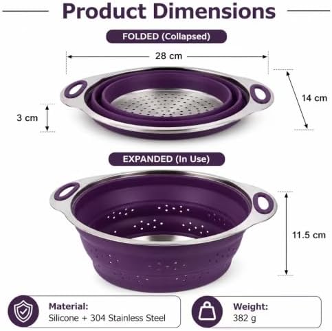 Mejoncb Collapsible Colander – Platinum Silicone Strainer with Stainless Steel Base, BPA-Free & Heat Resistant Kitchen Drain Basket (Purple)