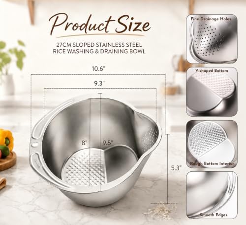 2 Pack Rice Washer Strainer Bowl, Stainless Steel Colander