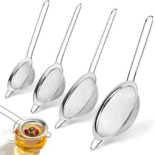 4PCS Fine Mesh Strainer Set, Premium Stainless Steel Fine Mesh Strainers, Food Fine Sieve with Non-Slip Handle, Perfect for Juice, Baking Flour, Drinks, Cocktails, Rice, Jam, Tea(2.8"/3.2"/3.9"/4.7")