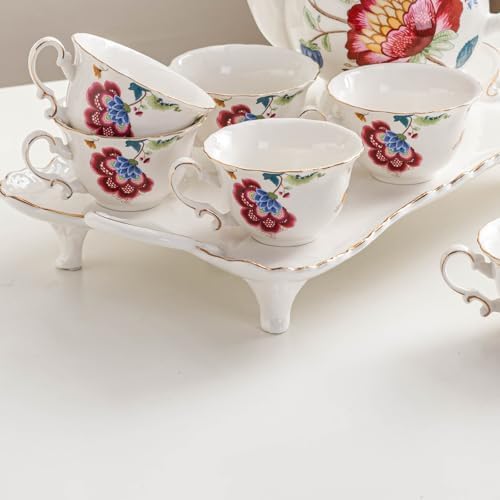 Ceramic Tea Cups Coffee Cup and Saucers Set of 4 (Blue and Red)