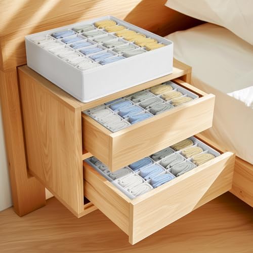 joyoldelf Sock Drawer Organizer Divider Underwear Organizer 24-cell Fabric Dresser Drawer Organizers Storage Boxes for Socks Lingerie, Handkerchiefs, Ties 4 Pack (White)