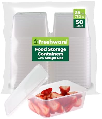 Freshware Food Storage Containers [50 Set] 25 oz Plastic Deli Containers with Lids, Slime, Soup, Meal Prep Containers, BPA Free, Stackable, Leakproof, Microwave, Dishwasher and Freezer Safe