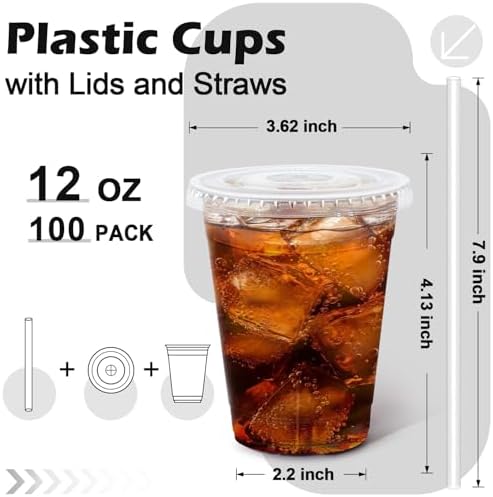 100 Pack 12 oz Plastic Cups, Clear Disposable Iced Coffee Cups