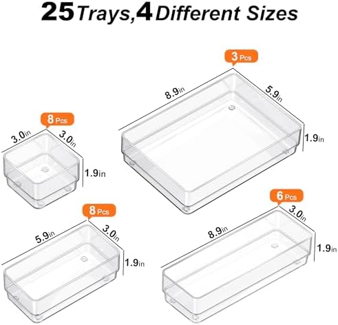 SMARTAKE 25 PCS Drawer Organizer, 4-Size Desk Drawer Organizer Trays