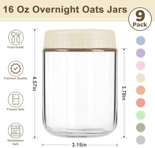 Overnight Oats Containers with Lids, 16oz Wide Mouth Mason Jars with Lids, 9 Pack Glass Jars with Airtight lid for Chia Pudding Yogurt Salad, Meal Prer Oatmeal Jars, Yellow