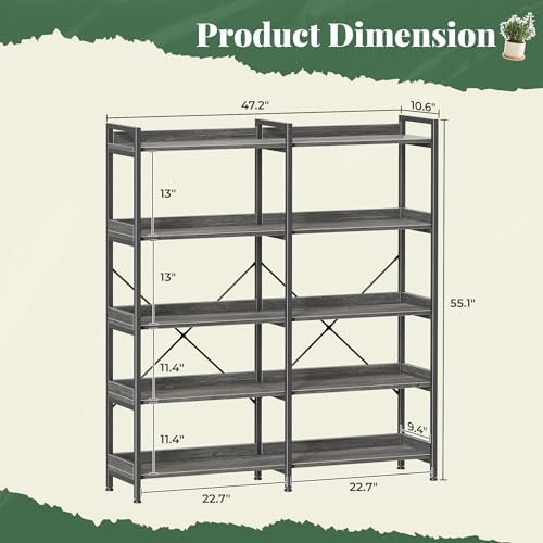 Huuger 5 Tier Bookshelf with 10 Open Shelves and Raised Baffle, Grey
