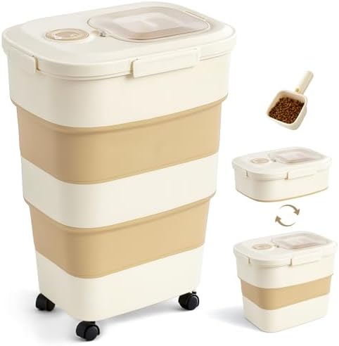 ZOMISIA 40-50lbs Collapsible Dog Food Storage Container with Wheels, Khaki