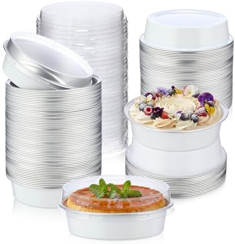Yinder 8 oz Disposable Creme Brulee Ramekins with Lids, 4 Inch Mini Pie Tins Aluminum Foil Pie Tart Cake Baking Pans Individual Round Containers Oven Safe(White,120 Pcs)