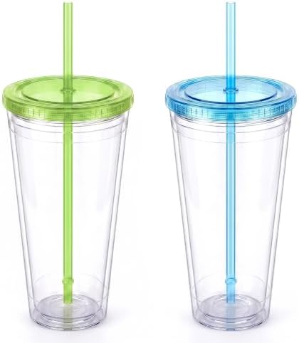 Zukro Clear Double Wall Plastic Tumbler with Lid and Straw 32 oz, 2 Pack