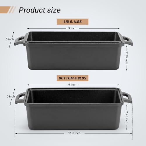 Northriver Casting 9×5 Inch Cast Iron Loaf Pan with Lid | Bread Baking Pan | Even Heat Distribution for Homemade Bread, Cake, and Meatloaf | 2 Piece Set