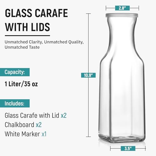 Set of 2 Square Glass Carafe, 1 Liter Clear Glass Pitcher with Lid, Beverage Serveware Carafe for Mimosa Bar, Coffee, Juice, Cold Water, Milk, Lemonade, Iced Tea