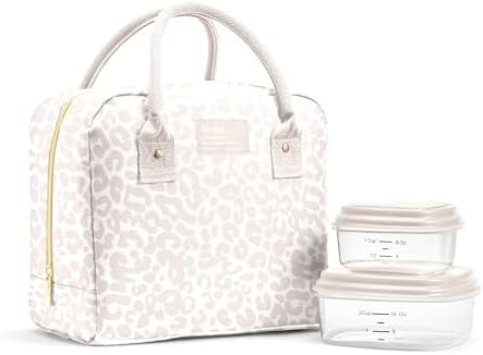 Fit & Fresh Bloomington Lunch Bag for Women - Insulated Large Lunch Box for Work with Containers, Leak-Resistant, Stain-Resistant, Zipper Closure, Feline Fine Ivory