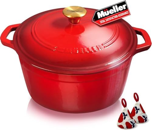 MUELLER HOME 7.5 QT Enameled Cast Iron Dutch Oven, Heavy-Duty Casserole Dish and Braiser Pan with Lid and Stainless Knob, Oven-Safe up to 500° F & Across All Cooktops, Red