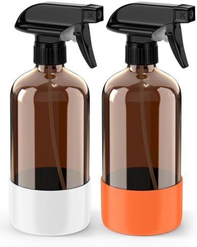 Bontip Glass Spray Bottle with Silicone Sleeve Protection, Amber Glass Spray Bottle Set for Window Cleaner Aromatherapy Facial Hydration Watering Flowers Hair Care 2 Pack/16 oz (White & Orange, 16 oz)