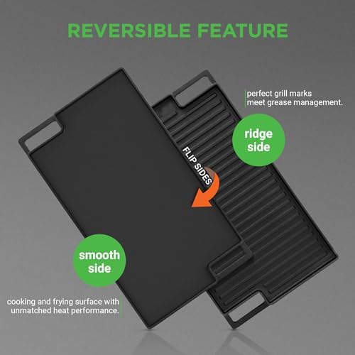 NutriChef Cast Iron Reversible Griddle 18x10 Inch – Pre-Seasoned Flat Top & Ridged Grill Side, Stove Top Griddle for Gas Grill, Outdoor & Indoor Cooking
