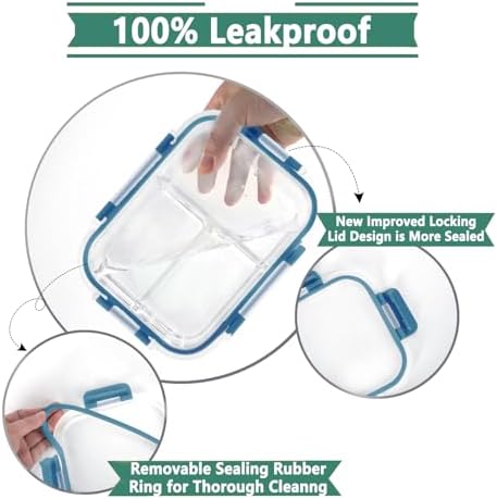 8 Pack 36oz Borosilicate Glass Meal Prep Containers 3 Compartment with Lids