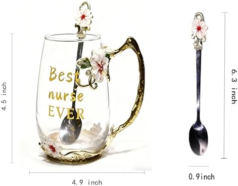 National Nurses Day Flower Glass Cup with Unique Flower Printing and Spoon - Ideal Nurse Christmas Gift (Nurse)