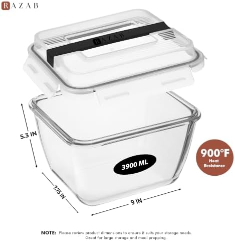 Razab 17 Cups / 132 Oz / 3900ml Large Glass Food Storage Containers with Lids - Leakproof, BPA-Free Large Meal Prep Container Ideal for Roasting Turkey, Store Leftover - Microwave & Oven Safe