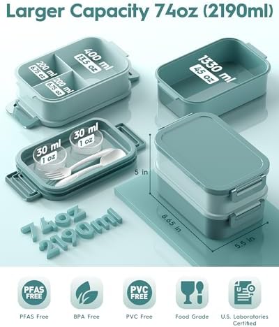 Adults Bento Box with Insulated Lunch Bag, 74oz Capacity 3 Stackable Leak-Proof Bento Box Built-In Utensil and Sauce, PFAS & BPA-Free, Microwave & Dishwasher Safe (Mint Green)