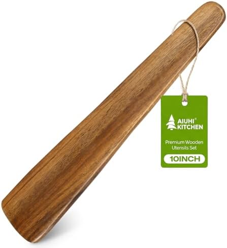 AIUHI 10 Inch Wooden Spatula for Cooking, Premium Teak Spatula Turner, Non-Stick Safe Wooden Egg Flipper, Premium Cooking Utensils for Kitchen