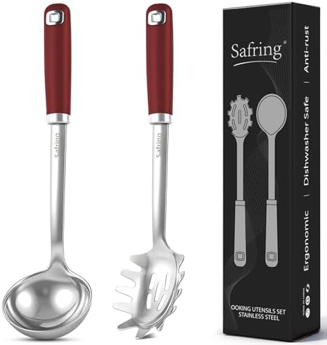 Safring Stainless Steel Soup Ladle and Spaghetti Spoon Set, Heat Resistant Rubber Handle, Dishwasher Safe, Kitchen Utensils for Cooking, Stirring, Serving Pasta, Soup & Sauce (Red)