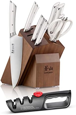 Cangshan HELENA Series 10-Piece German Steel Forged Knife Block Set, White, Full Tang Kitchen Knife Set with Acacia Wood Block and Sharpener