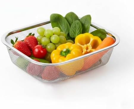 18/8 Stainless Steel Colander Strainer for Kitchen, Rectangular Colander for Pasta, Vegetables, Fruits, Rustproof & Dishwasher Safe (8.27 x 6.69 x 2.17 inch)