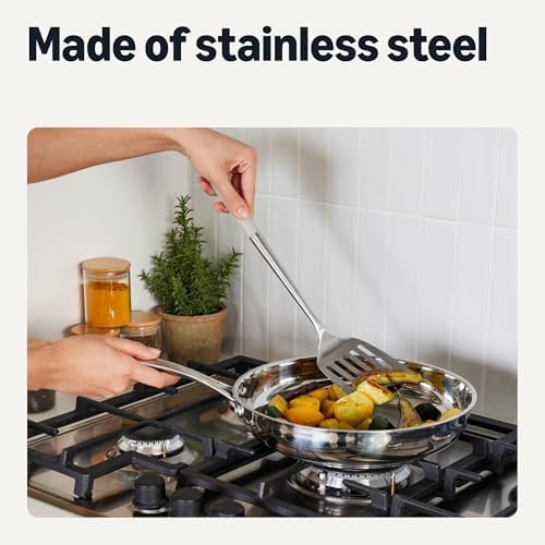Amazon Basics Stainless Steel Cooking Utensil Set with Ladle, Spatula, Slotted Spatula and Slotted Spoon, 4-Piece Set, Soft Grip Handle, Dishwasher-Safe, Linen Gray