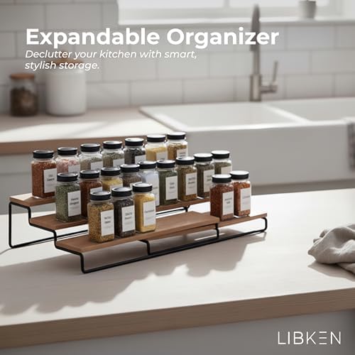 LIBKEN Tiered Spice Rack Organizer – Wood & Metal Countertop & Cabinet Spice Stand, Strong & Sturdy 3-Tier Shelf for Kitchen, Pantry, Seasoning Bottles – Minimal Scandinavian Design - Wood Brown
