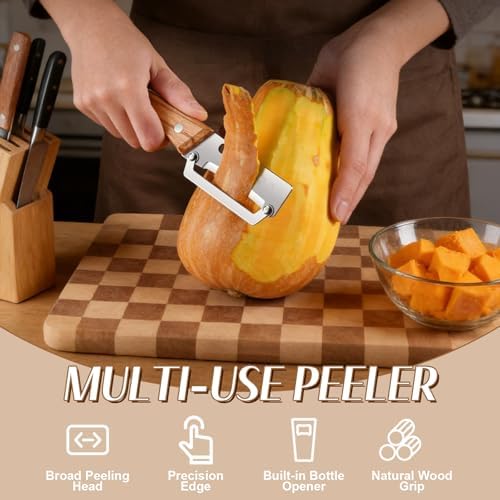 2026 Upgrade Vegetable Peeler With Wooden Handle, Stainless Steel Wide Blade Potato and Carrot Peeler, 2-in-1 Veggie Peeler With Bottle Opener for Kitchen, Camping and Travel (2PCS)