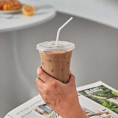 JOLLY PARTY 100Pack 16 oz Clear Plastic Cups With Flat Slotted Lids