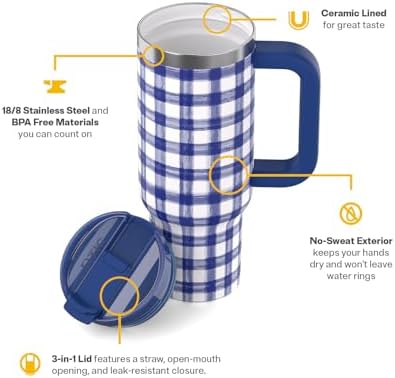 RTIC 30oz Road Trip Tumbler, Insulated, Ceramic Lined, Cobalt Gingham