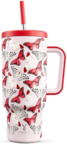 Meoky 40 oz Tumbler with Handle and Straw: Stainless Steel Insulated Tumbler with Lid and Straw - 100% Leak Proof Tumbler for Car Cup Holders - Travelers Commuters Workers, Red Butterfly