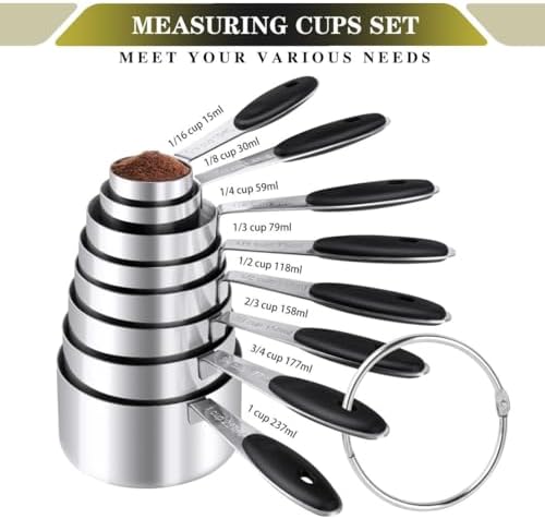 Measuring Cups & Spoons Set of 16, BOBIPRO Stainless Steel 8 Nesting Measure Cups Set & 7 double-sided Magnetic Measuring Spoons Set & 1 Leveler for Dry and Liquid Ingredient
