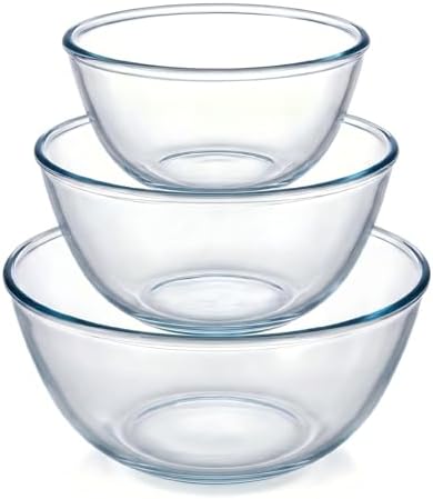 Borosilicate Glass Mixing Bowls Set of 3 (2.8, 2.2, 1.1QT) - Heavy Duty, Scratch Resistant, Non-Toxic & Lead-Free – Oven/Microwave/Dishwasher/Freezer Safe – Ideal for Meal Prep, Baking & Serving