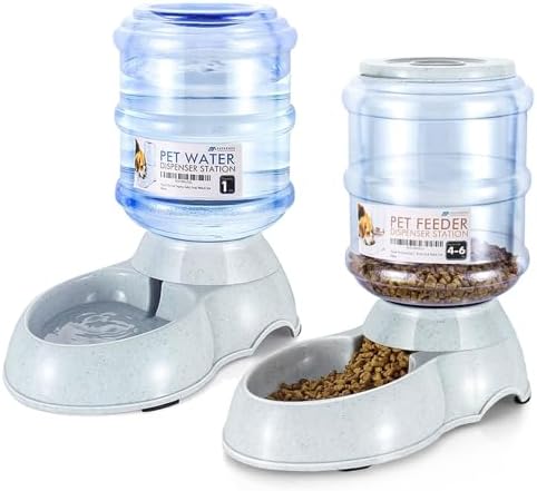 Flexzion Automatic Pet Feeder & Waterer Set of 2 Pack, Self Feeding Replenish Dog Cat Bowls, Gravity Food & Water Storage Container Fountain Jug Pet Supplies Plastic Skid Proof Rubber Feet (1 Gallon)