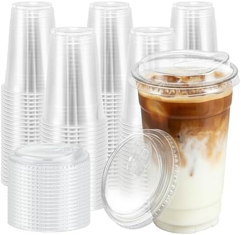 BYSNOW 100 Pack 24 oz Clear Plastic Cups with Sip Lids, Iced Coffee Cups