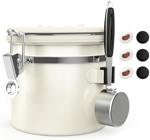 ShanSon Coffee Canister Airtight, Stainless Steel Bean Storage Container with Date Tracker & Scoop, Grounds Sugar Flour Tea Cereal Fits Kitchen Pantry, Ideal Gift for Coffee Lovers,12oz,Beige