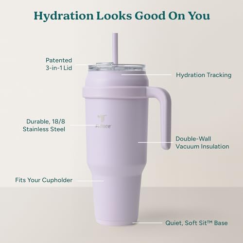 Reduce Reusable 50 oz Cold1 Water Tumbler – Ergonomic Handle – Double-Wall Insulation – Sturdy Desktop/Tabletop Mug with Lid and Straw -BPA-Free –Stainless Steel for Gym, Home, Office– Gentle Lavender