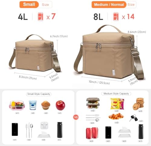 NOL 4L Insulated Lunch Bags for Women Cooler Bag Lightweight Nylon Waterproof Lunch Box for Work, Small, Khaki