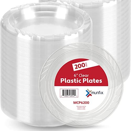 Munfix 6 Inch Clear Plastic Dessert Plates Set 200 Bulk Pack Disposable