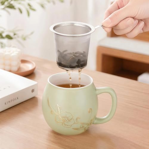 Yundu 12 OZ Ceramic Mug with Lid & Tea Strainer - Matte Light Green Tea Cup with Golden Flower, Stainless Steel Infuser for Loose Leaf Tea