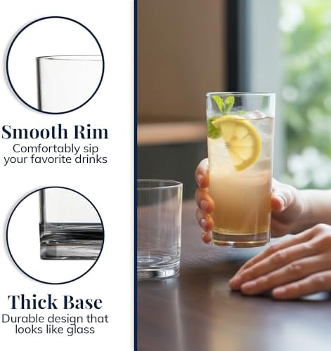 US Acrylic Classic Clear Plastic Reusable Drinking Glasses (Set of 8) 12oz Rocks & 16oz Water Cups | BPA-Free Tumblers, Made in USA | Top-Rack Dishwasher Safe