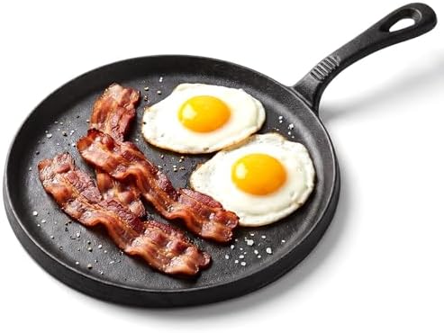 10 Inch Cast Iron Round Griddle, Seasoned Skillets with Ring Handle, Heat Resistant Griddle for Pancakes, Tortillas, Pizza, Durable Griddles Pan for Stove Top Oven Safe for Cooking
