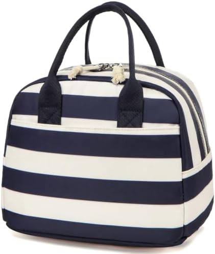 LOVELYWIND Lunch Box for Women, Insulated Lunch Bag, Navy Stripe Tote