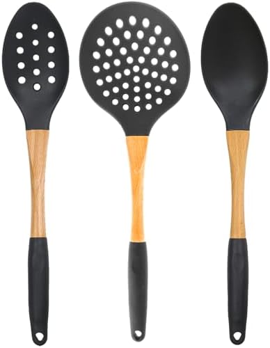 Beille 3pc Grey Nylon Cooking Spoons Kitchen Utensils Set with Wooden Handle High Heat Resistance