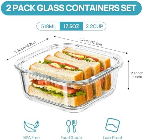 Vtopmart 2Pack 17.5oz Glass Meal Prep Food Container Sets with Lids