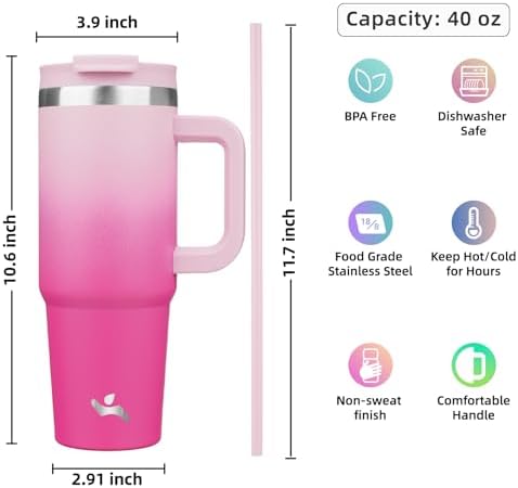Konokyo 40 oz Insulated Tumbler Water Bottle with Handle, Straw Lid