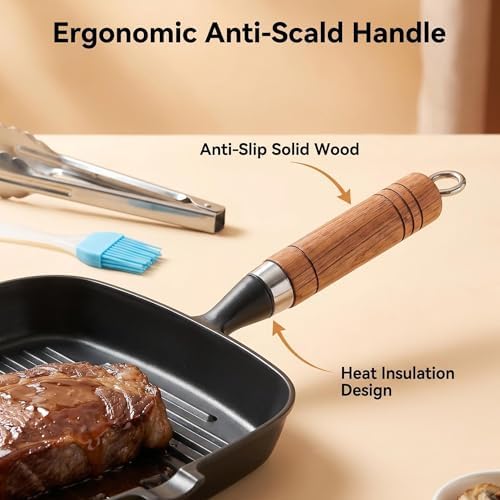 Cast Iron Grill Pan, 8.6 inch Griddle Pan Skillet with Pour Spout & Wooden Handle